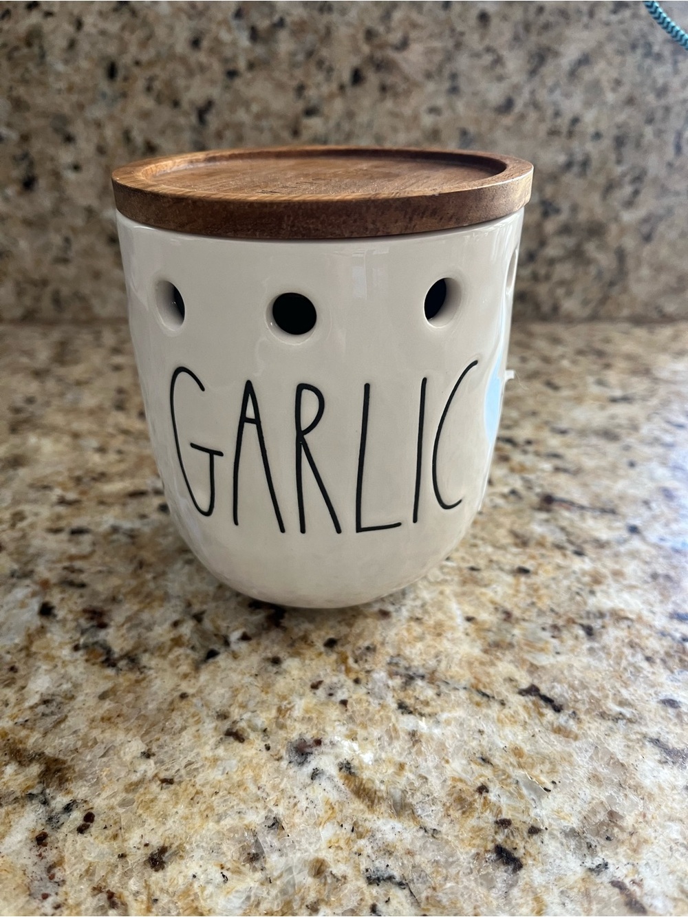 Rae Dunn White Ceramic Garlic Jar with Wooden Lid